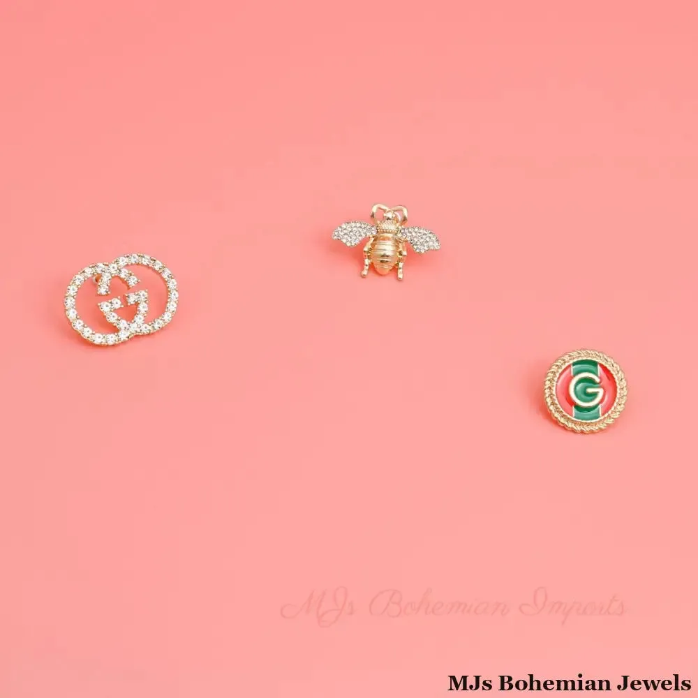 3pcs Bee and G Studs - Clear and Gold