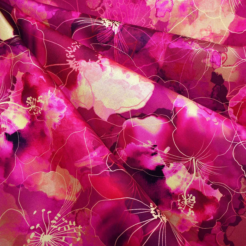 Artful Blooms Layered Watercolor Floral Digital Print Cotton Fuchsia