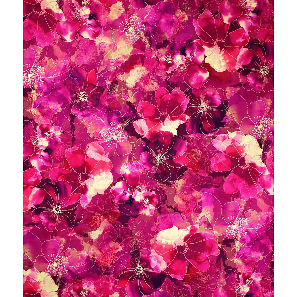 Artful Blooms Layered Watercolor Floral Digital Print Cotton Fuchsia