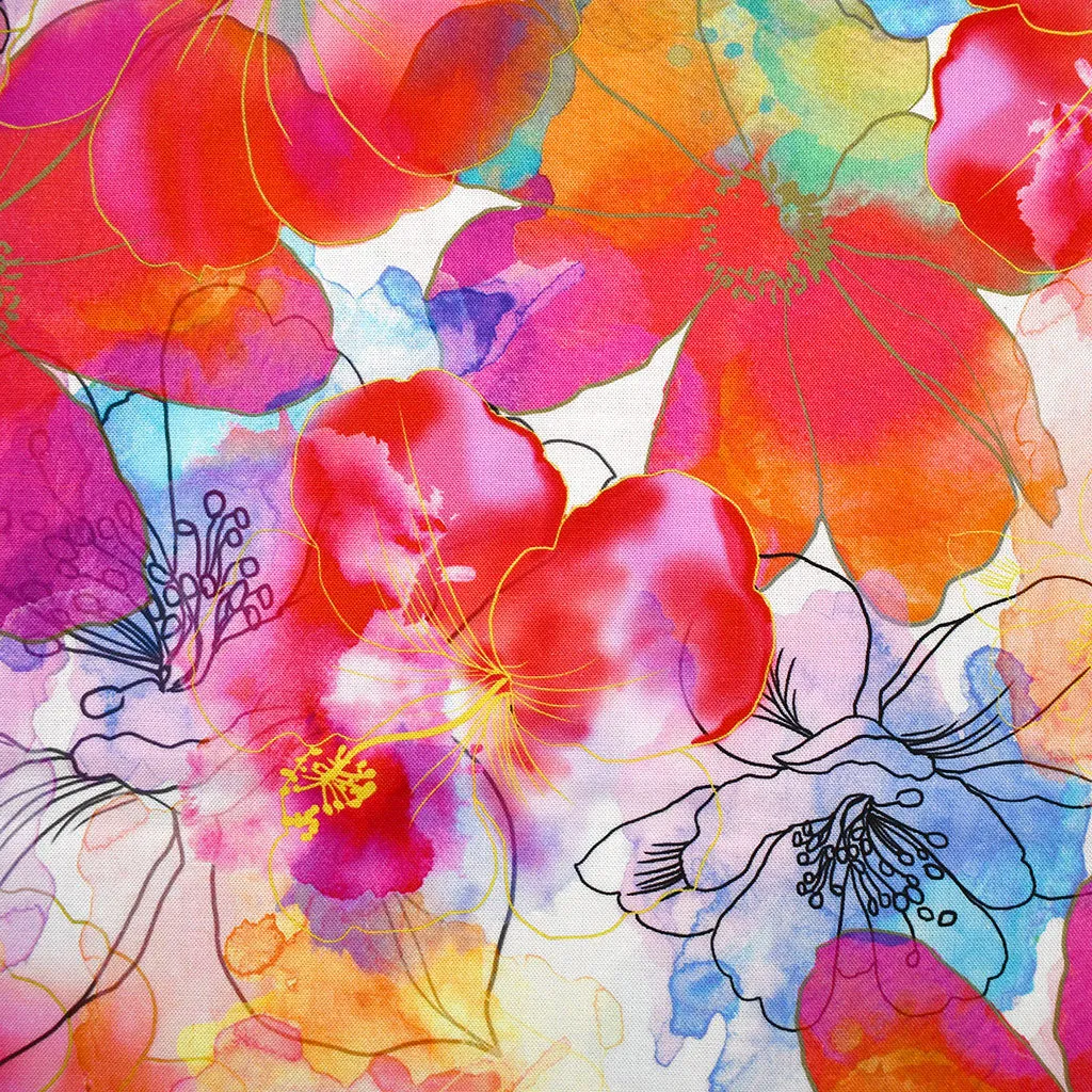 Artful Blooms Layered Watercolor Floral Digital Print Cotton White/Multi