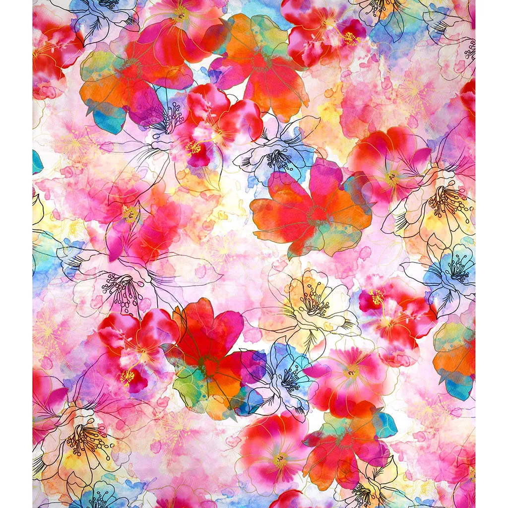 Artful Blooms Layered Watercolor Floral Digital Print Cotton White/Multi