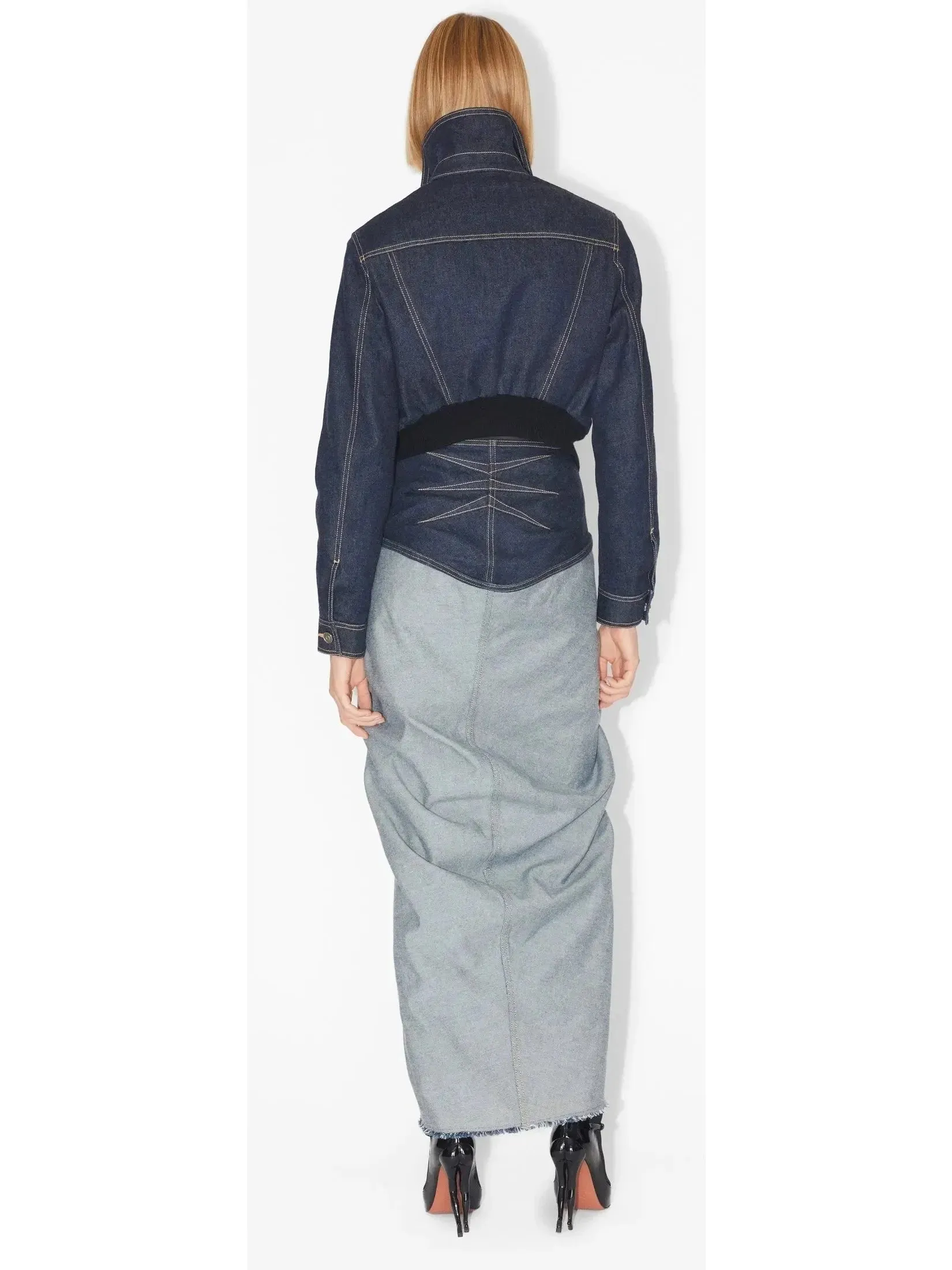 Asymmetrical Draped Denim Skirt -Petite Sizes-