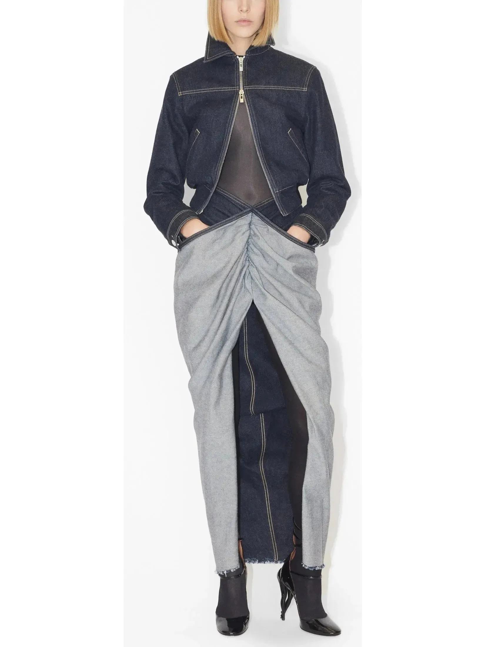 Asymmetrical Draped Denim Skirt -Petite Sizes-