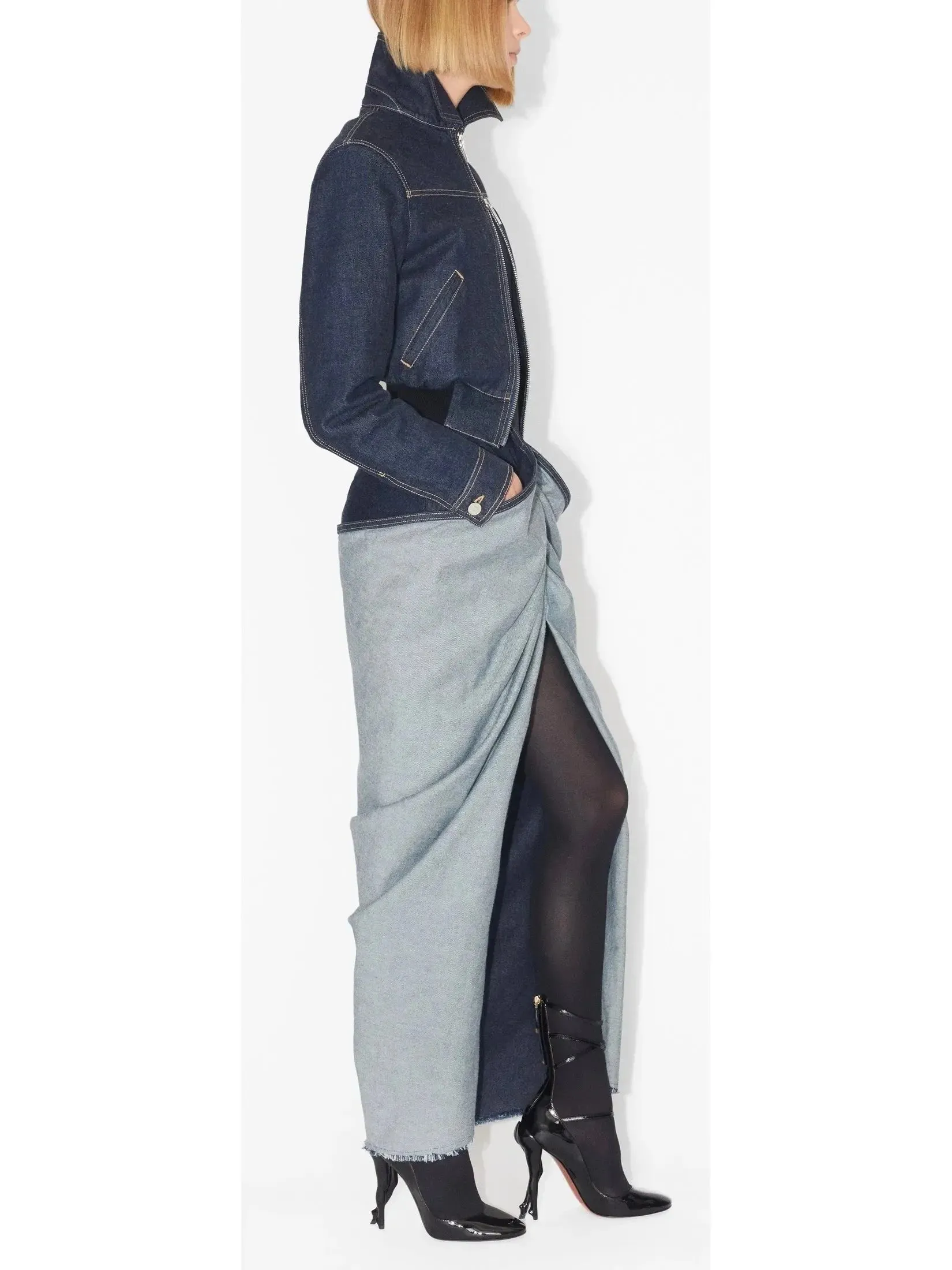 Asymmetrical Draped Denim Skirt -Petite Sizes-