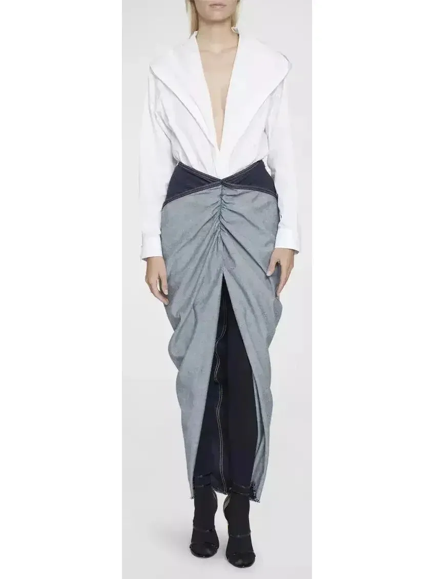 Asymmetrical Draped Denim Skirt -Petite Sizes-