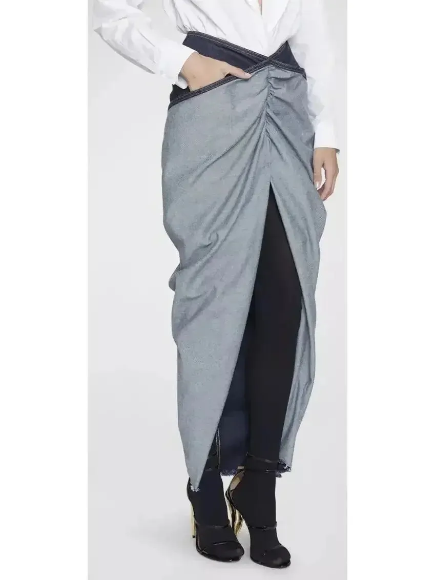 Asymmetrical Draped Denim Skirt -Petite Sizes-