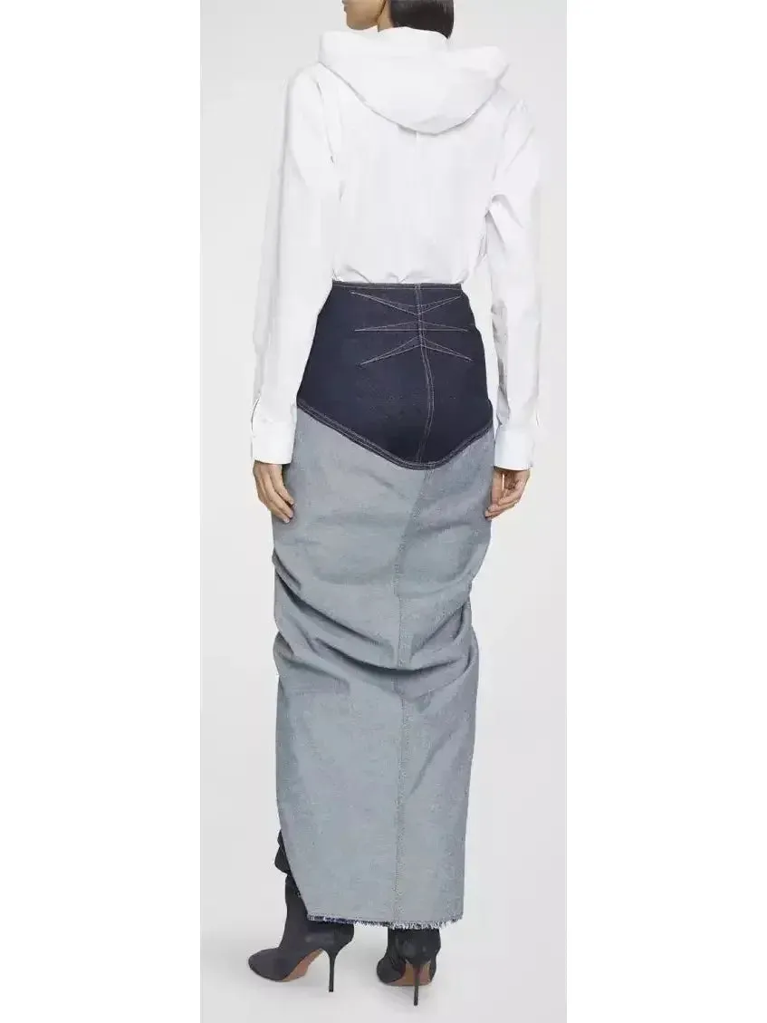 Asymmetrical Draped Denim Skirt -Petite Sizes-