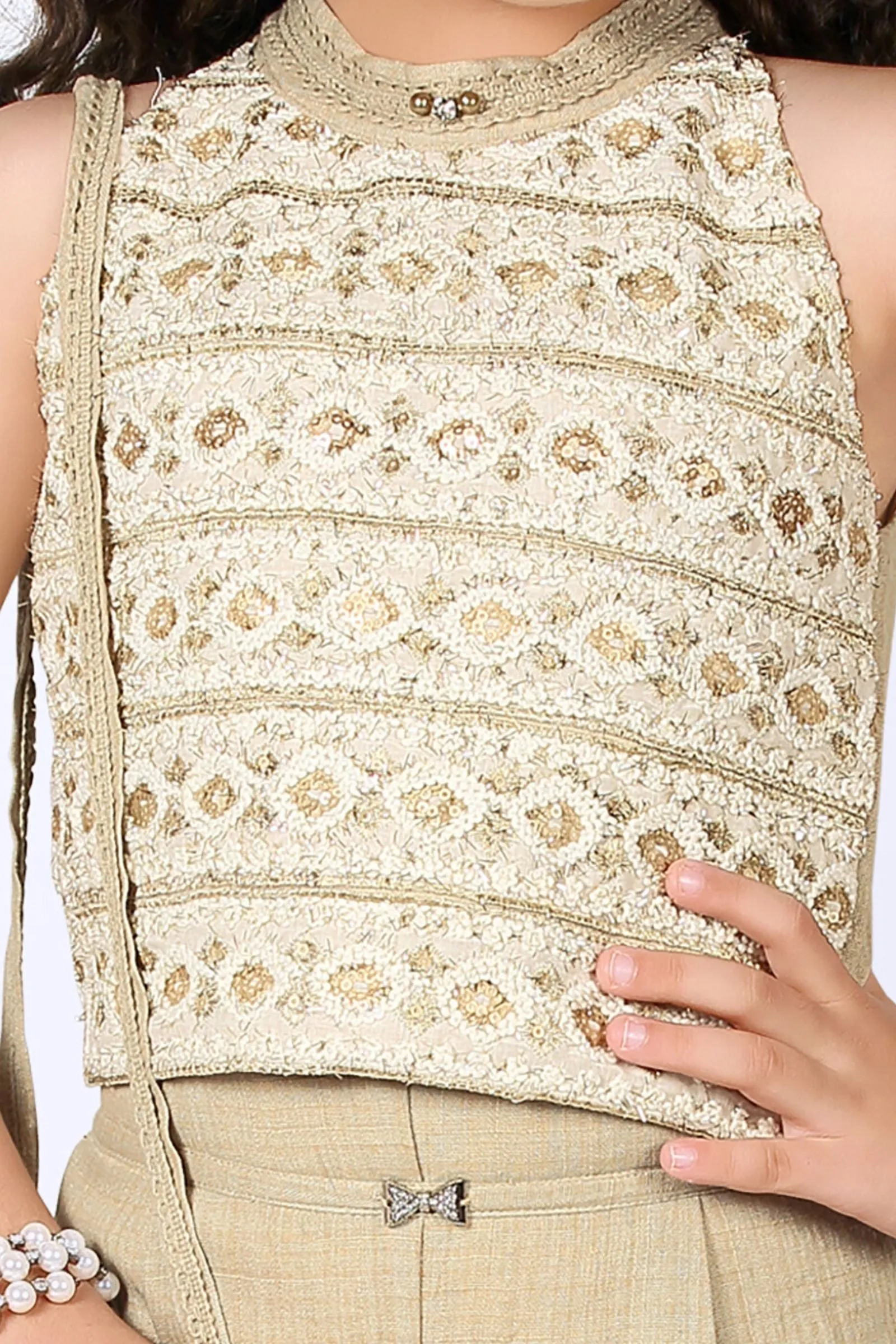 Beige Sequins and Thread work Culottes Set for Girls with Matching Purse