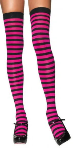 Black and Fuchsia Striped Thigh High Stockings