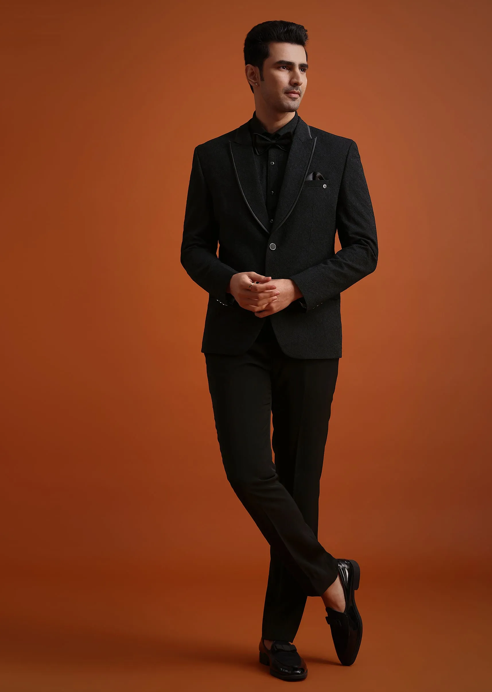 Black Tuxedo Set With Pocket Square And Bow