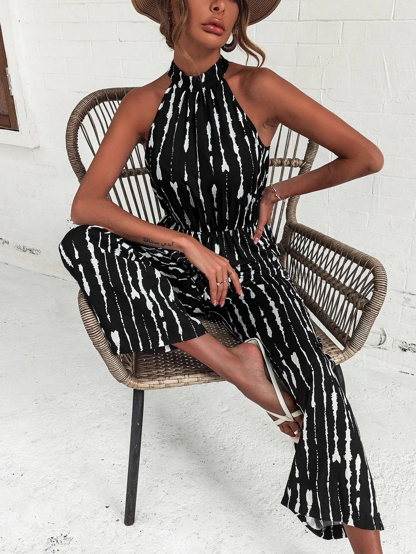 Black White Striped Sleeveless Wide Leg Jumpsuit