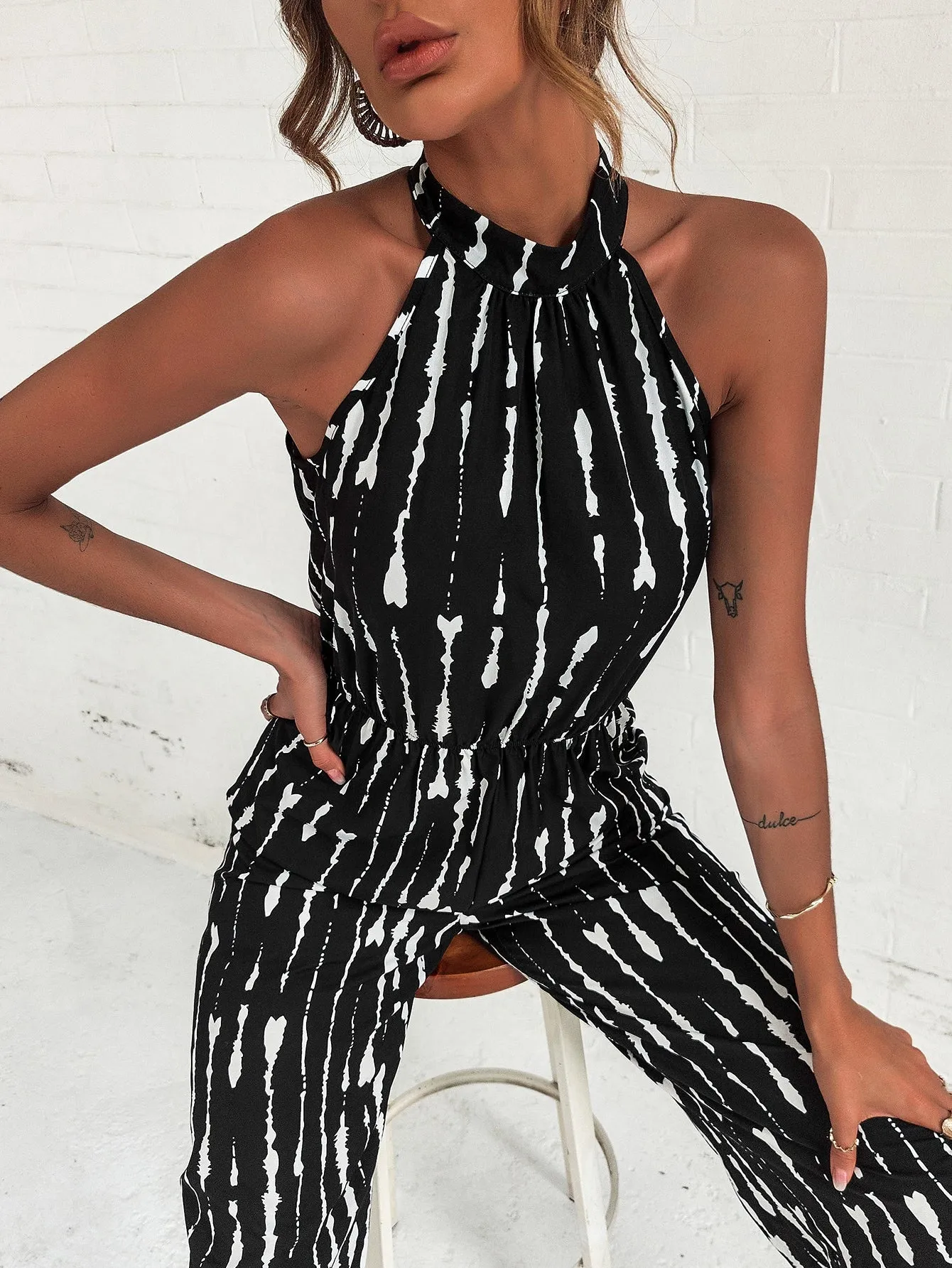 Black White Striped Sleeveless Wide Leg Jumpsuit