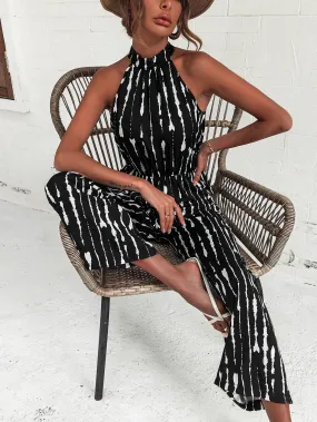 Black White Striped Sleeveless Wide Leg Jumpsuit