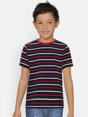 Blue Striped Round Neck Cotton T-shirt