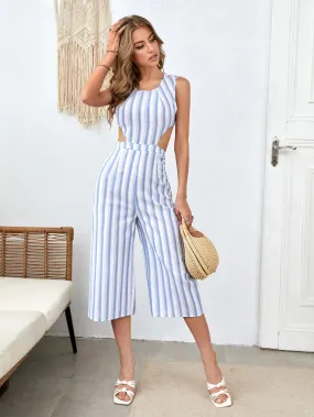 Casual Striped Cut Out Sleeveless Round Neck High Waist Capris Women Jumpsuit