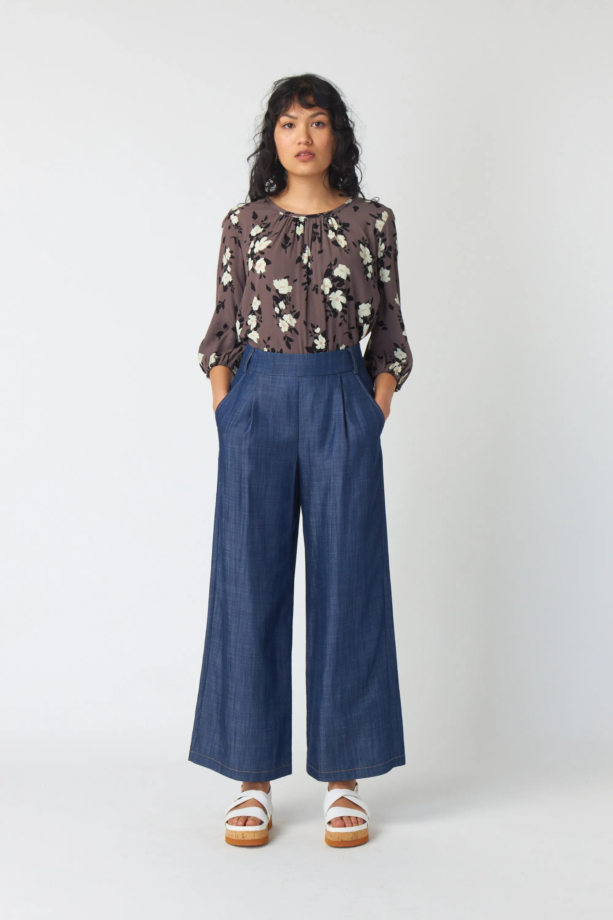 Chambray wide-leg trouser