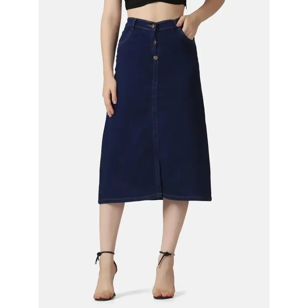 Dark Blue A-Line Below Knee Women Denim Skirt