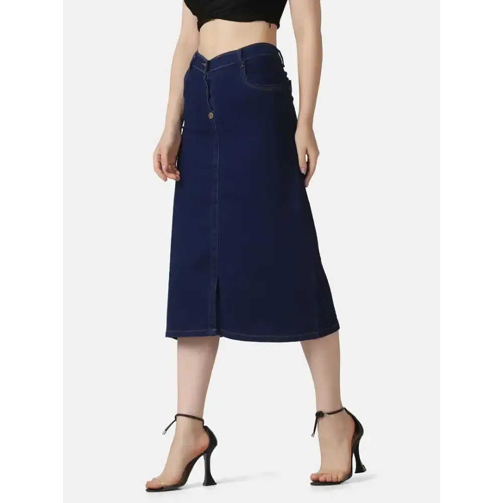 Dark Blue A-Line Below Knee Women Denim Skirt