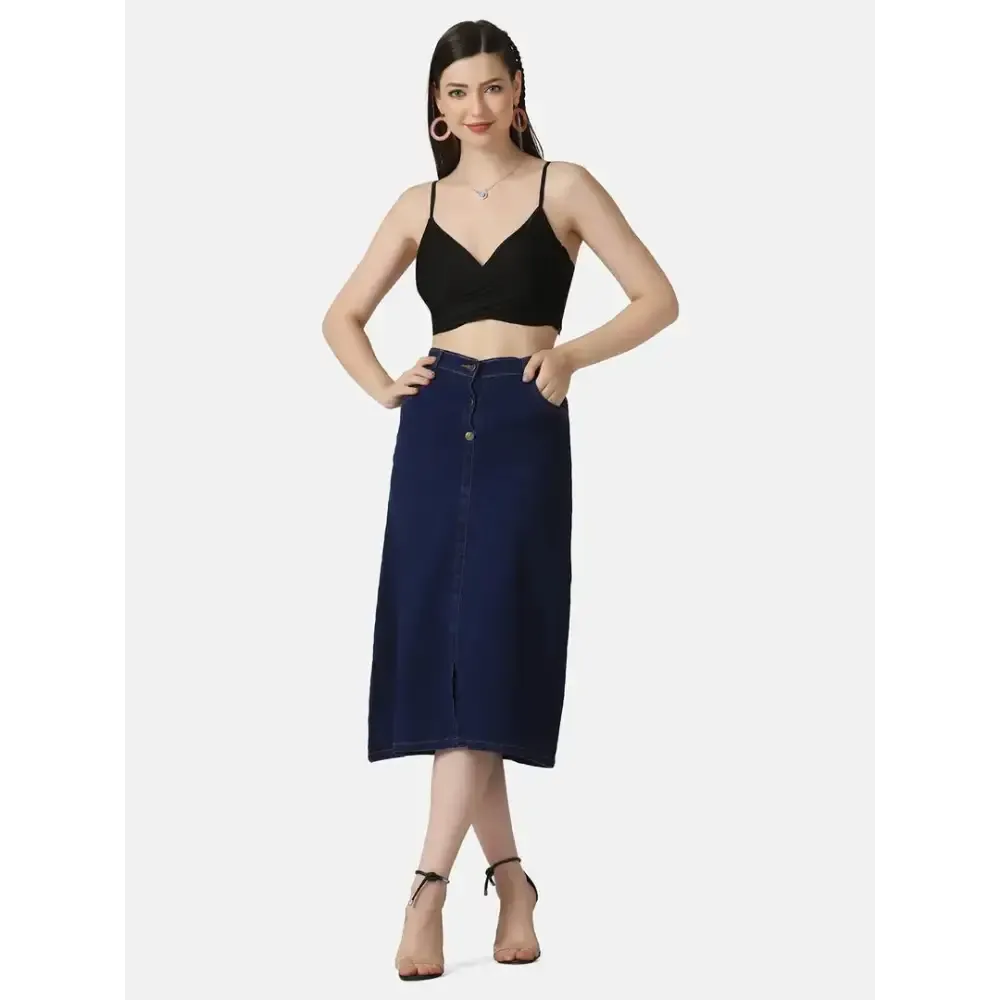 Dark Blue A-Line Below Knee Women Denim Skirt