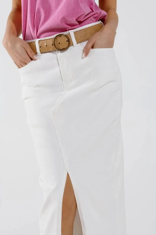 Denim Maxi Skirt With Split In The Front In White