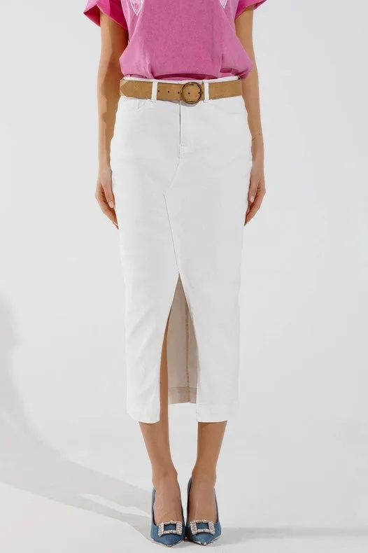 Denim Maxi Skirt With Split In The Front In White