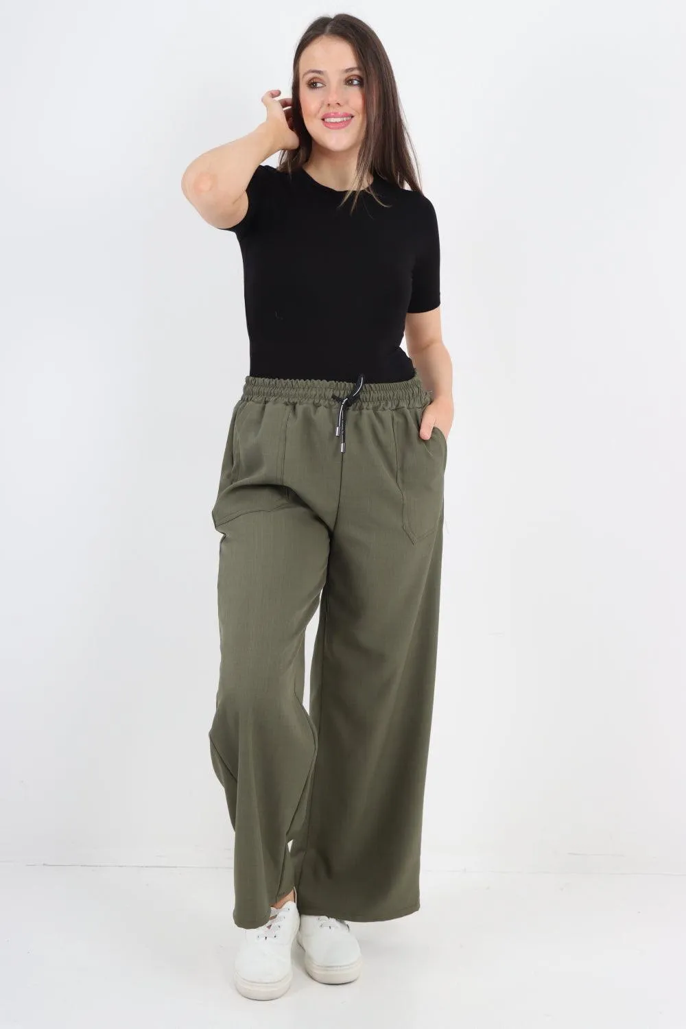 Elastic Waist Drawstring Wide Leg  Pants