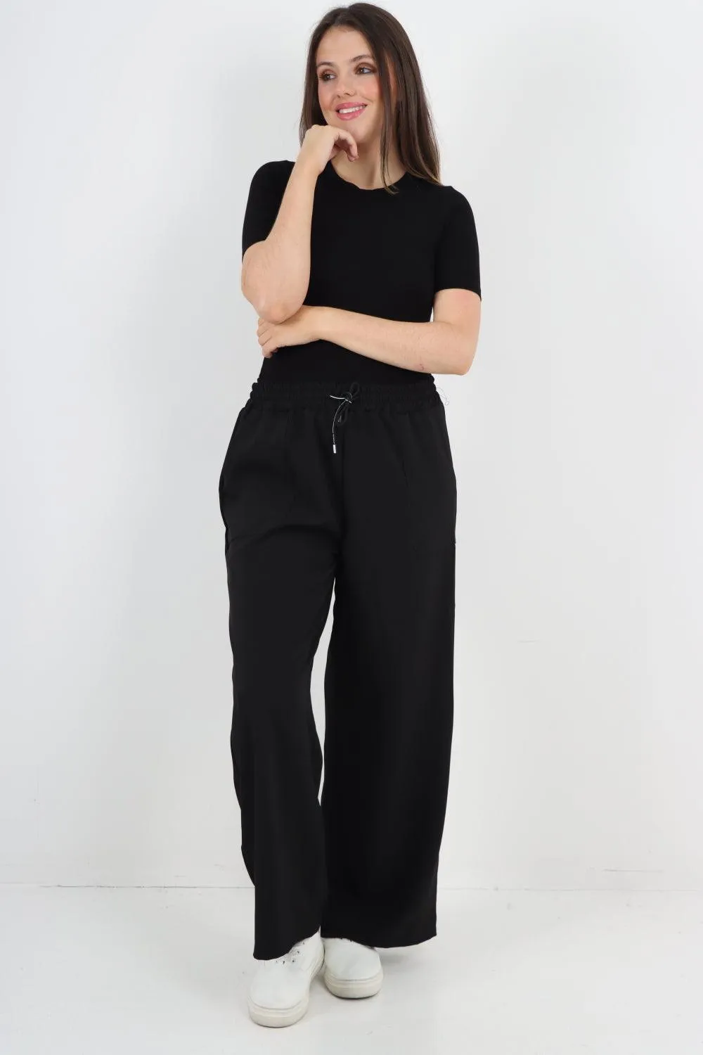 Elastic Waist Drawstring Wide Leg  Pants
