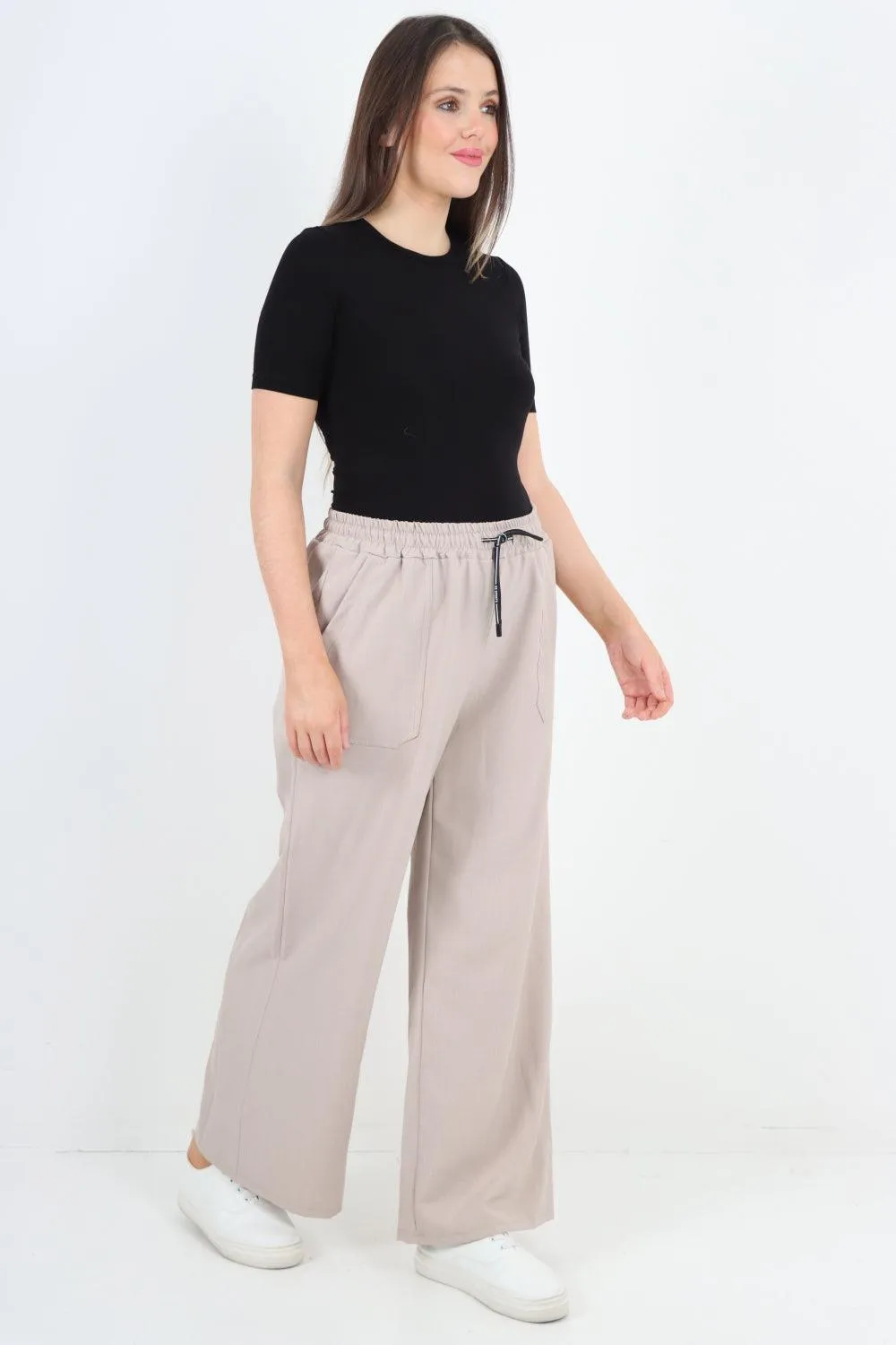 Elastic Waist Drawstring Wide Leg  Pants