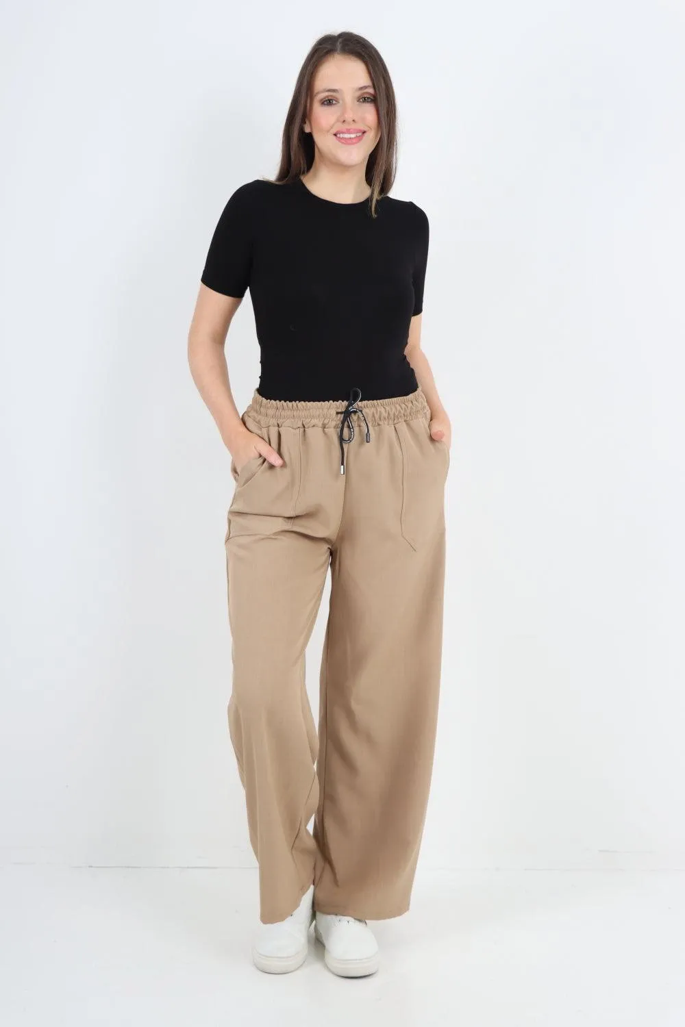 Elastic Waist Drawstring Wide Leg  Pants