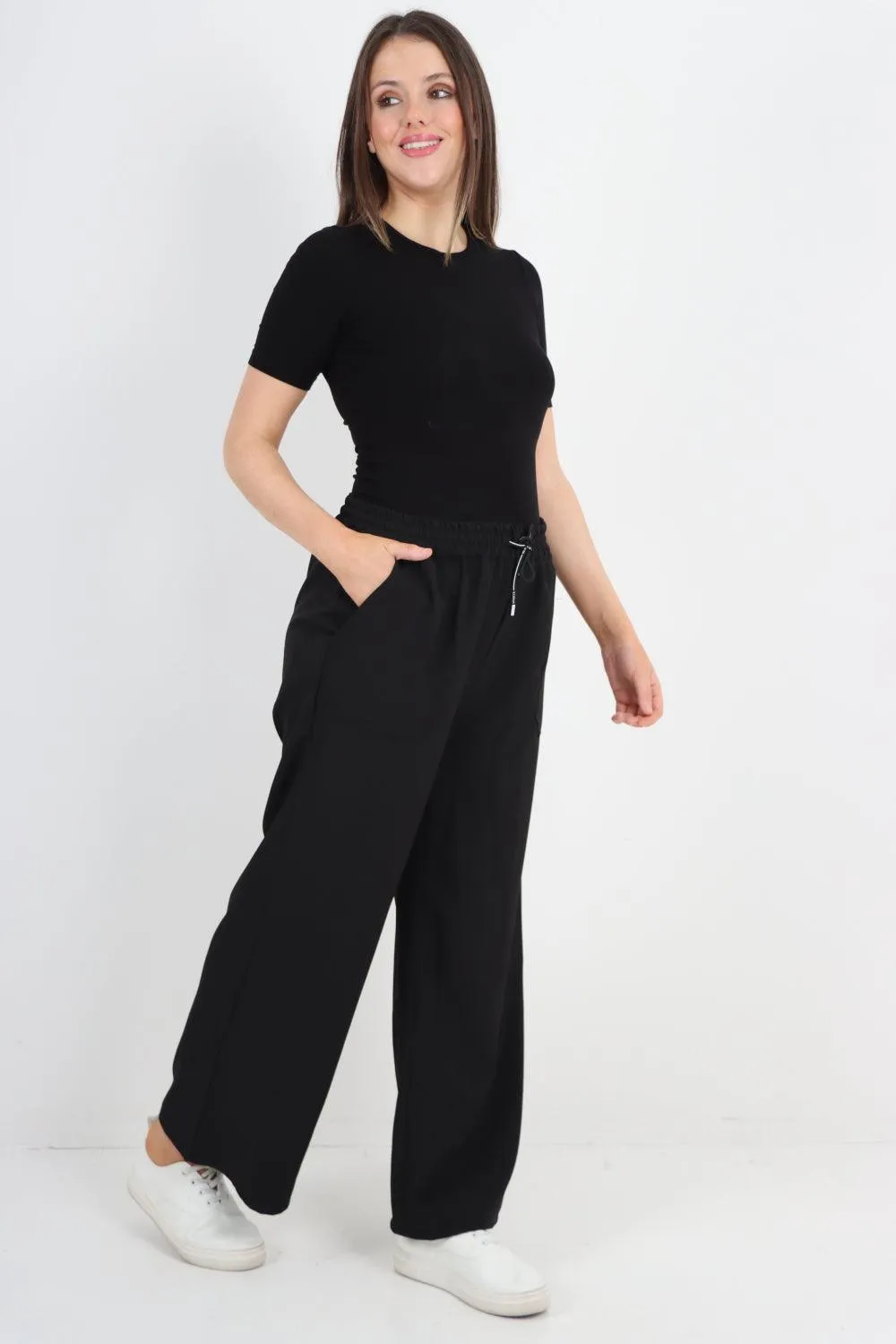 Elastic Waist Drawstring Wide Leg  Pants