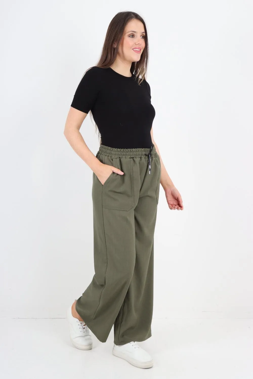 Elastic Waist Drawstring Wide Leg  Pants