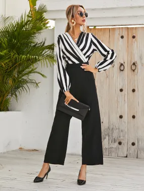 Elegant Striped Wrap Long Sleeve V Neck High Waist Long Women Jumpsuit