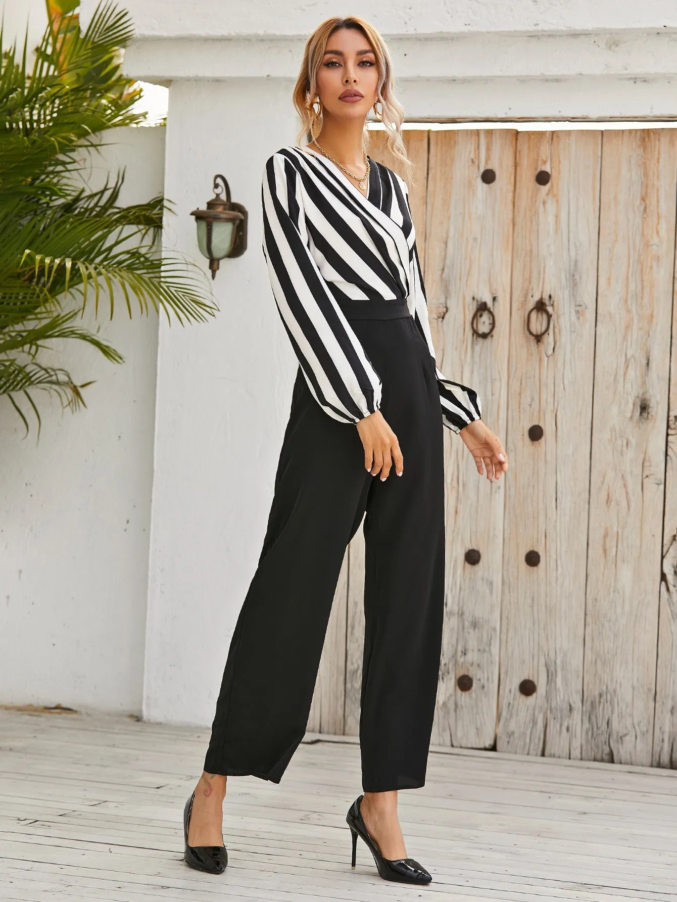 Elegant Striped Wrap Long Sleeve V Neck High Waist Long Women Jumpsuit
