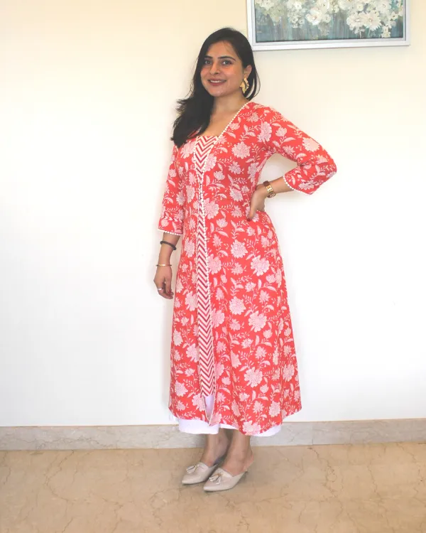 Floral Printed Aline Kurta In Red