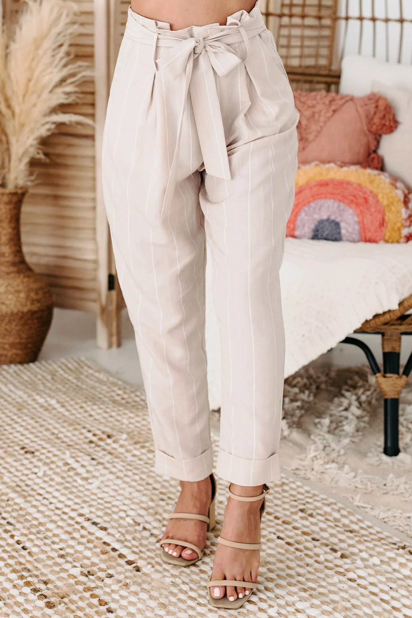 Follow Your Dreams Striped Paperbag Pants (Bone)