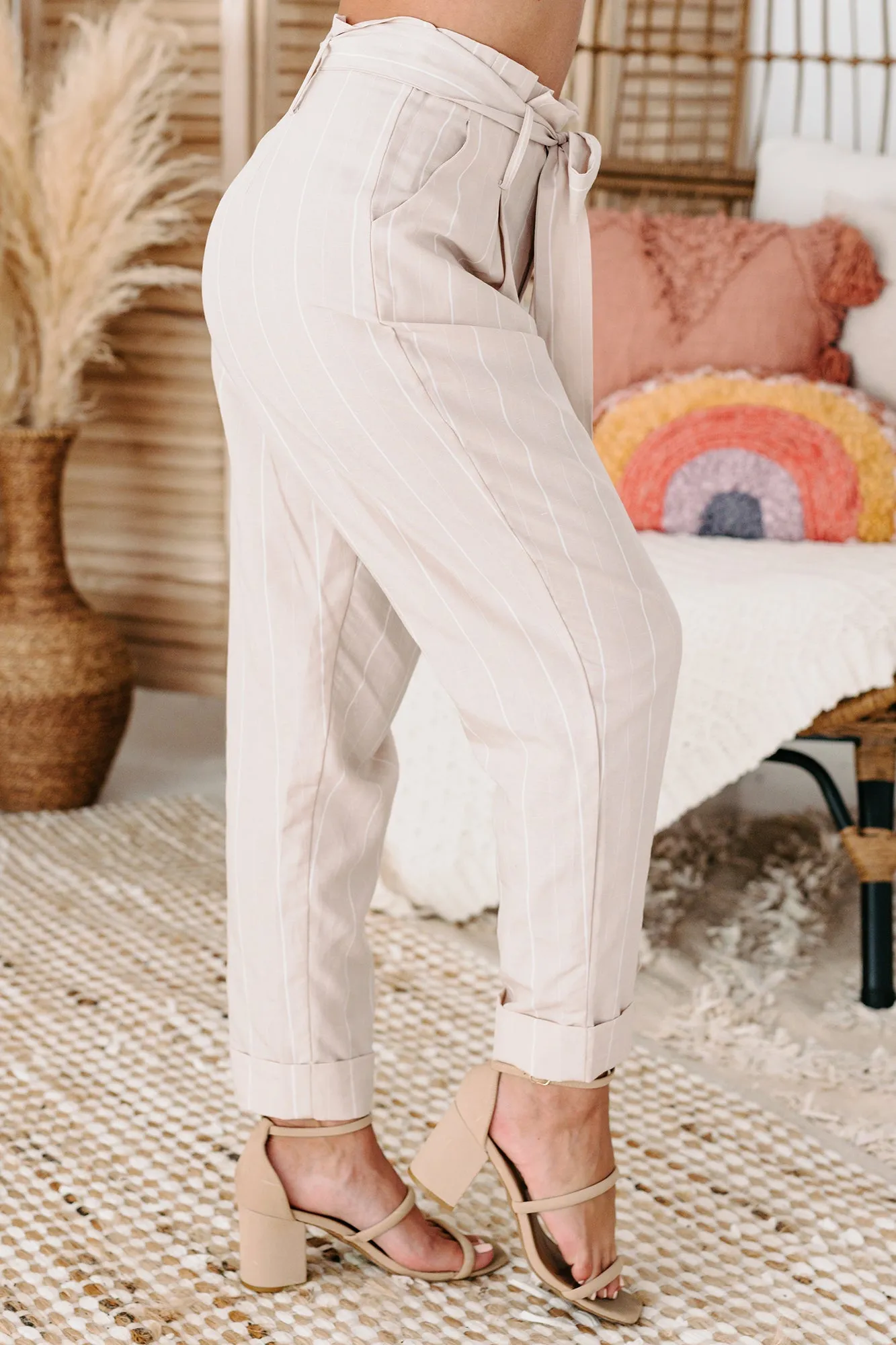 Follow Your Dreams Striped Paperbag Pants (Bone)