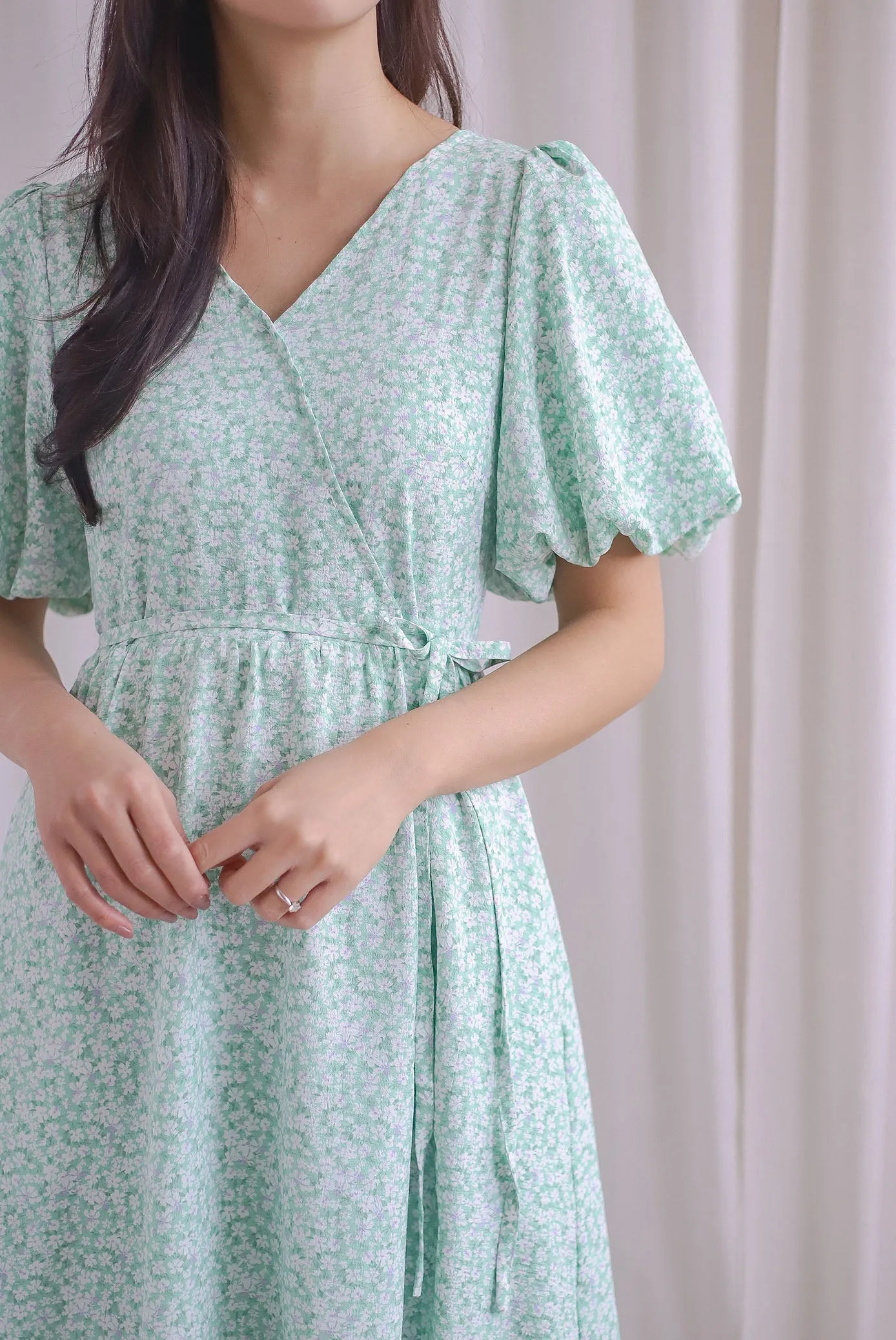 Fumiko Puffy Sleeve Faux Wrap Maxi Dress In Green Floral