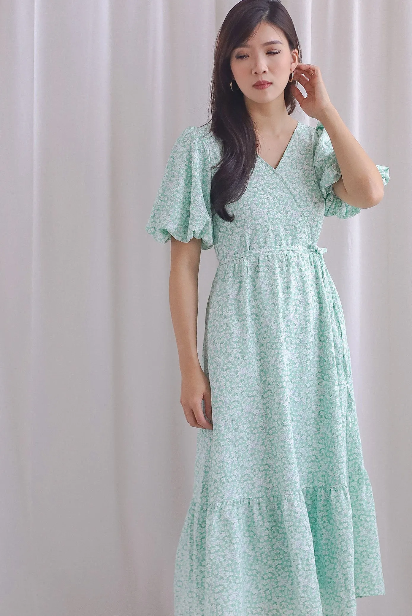 Fumiko Puffy Sleeve Faux Wrap Maxi Dress In Green Floral