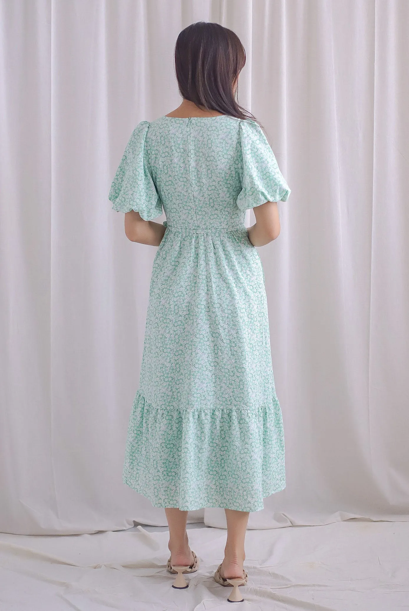 Fumiko Puffy Sleeve Faux Wrap Maxi Dress In Green Floral