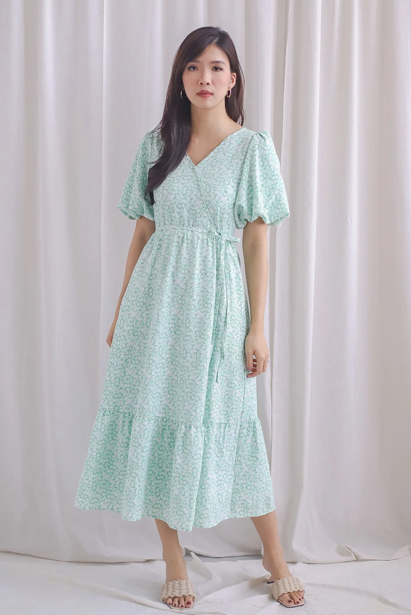 Fumiko Puffy Sleeve Faux Wrap Maxi Dress In Green Floral