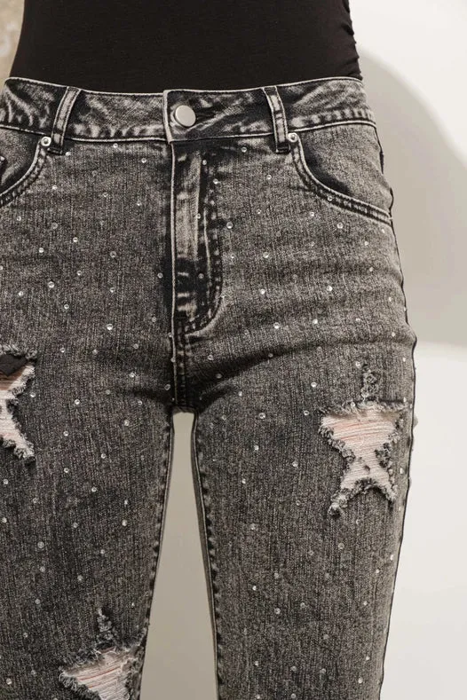 Garment Wash Star Crop Denim Skinny Jeans Charcoal
