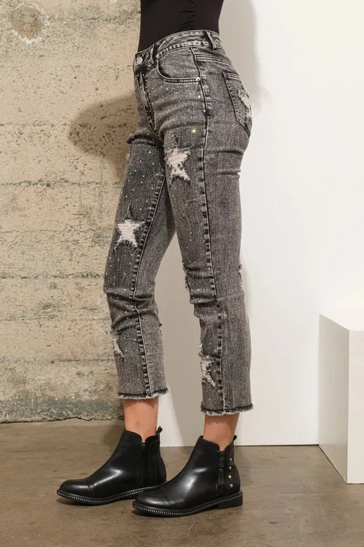 Garment Wash Star Crop Denim Skinny Jeans Charcoal