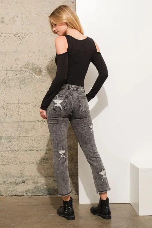 Garment Wash Star Crop Denim Skinny Jeans Charcoal