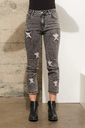 Garment Wash Star Crop Denim Skinny Jeans Charcoal