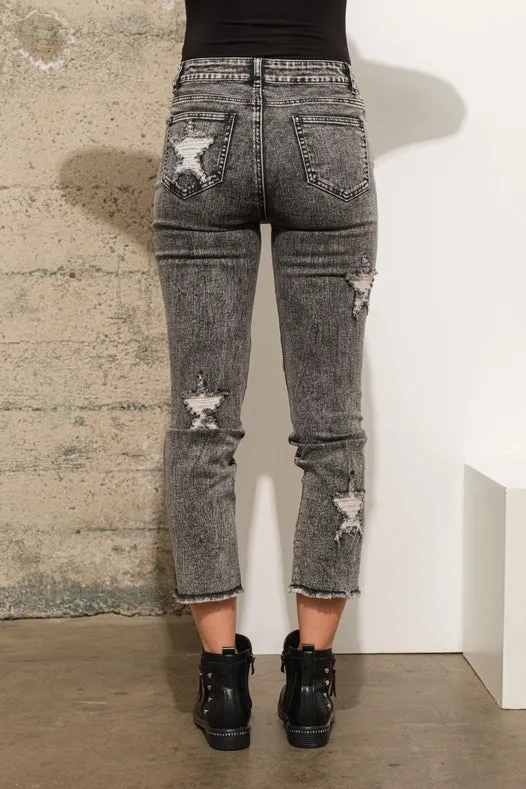 Garment Wash Star Crop Denim Skinny Jeans Charcoal