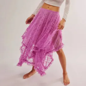 Girlary Women Lace Ruffle Courtship Half Slip Elastic Waist Asymmetrical Hemline Midi Skirts Semi Sheer Layered Maxi Skirts