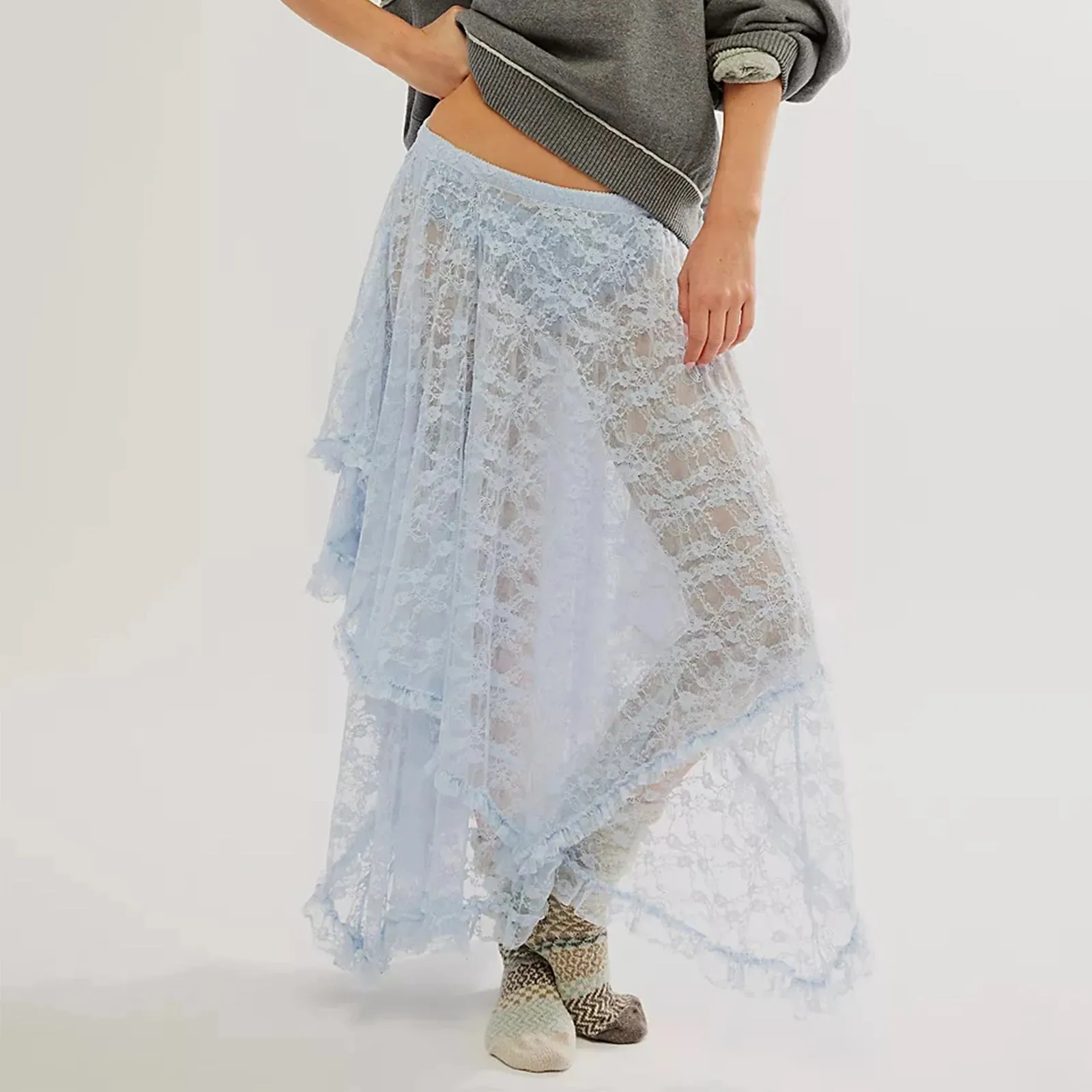 Girlary Women Lace Ruffle Courtship Half Slip Elastic Waist Asymmetrical Hemline Midi Skirts Semi Sheer Layered Maxi Skirts