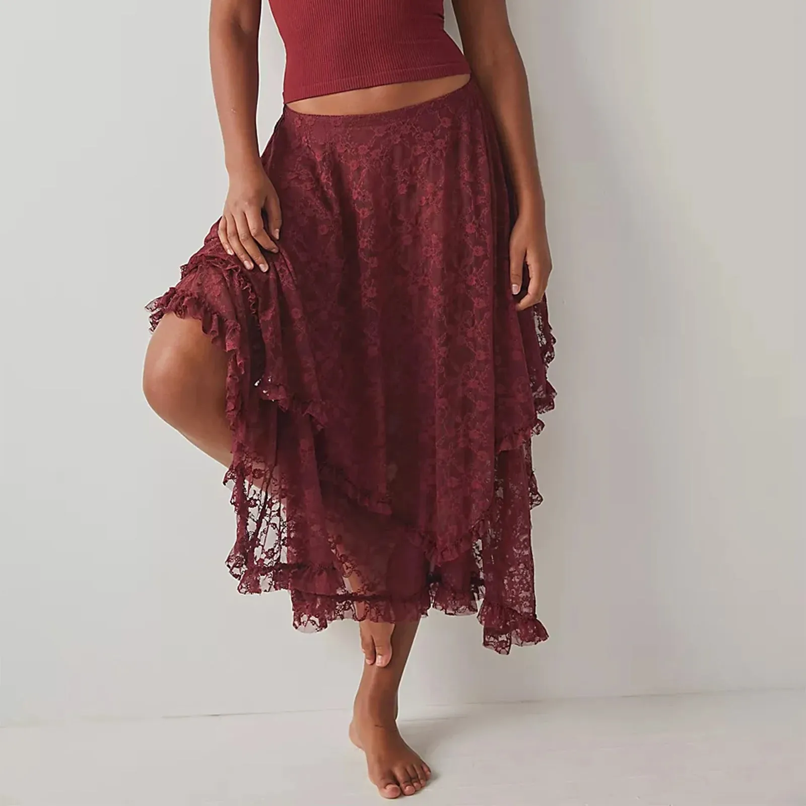 Girlary Women Lace Ruffle Courtship Half Slip Elastic Waist Asymmetrical Hemline Midi Skirts Semi Sheer Layered Maxi Skirts