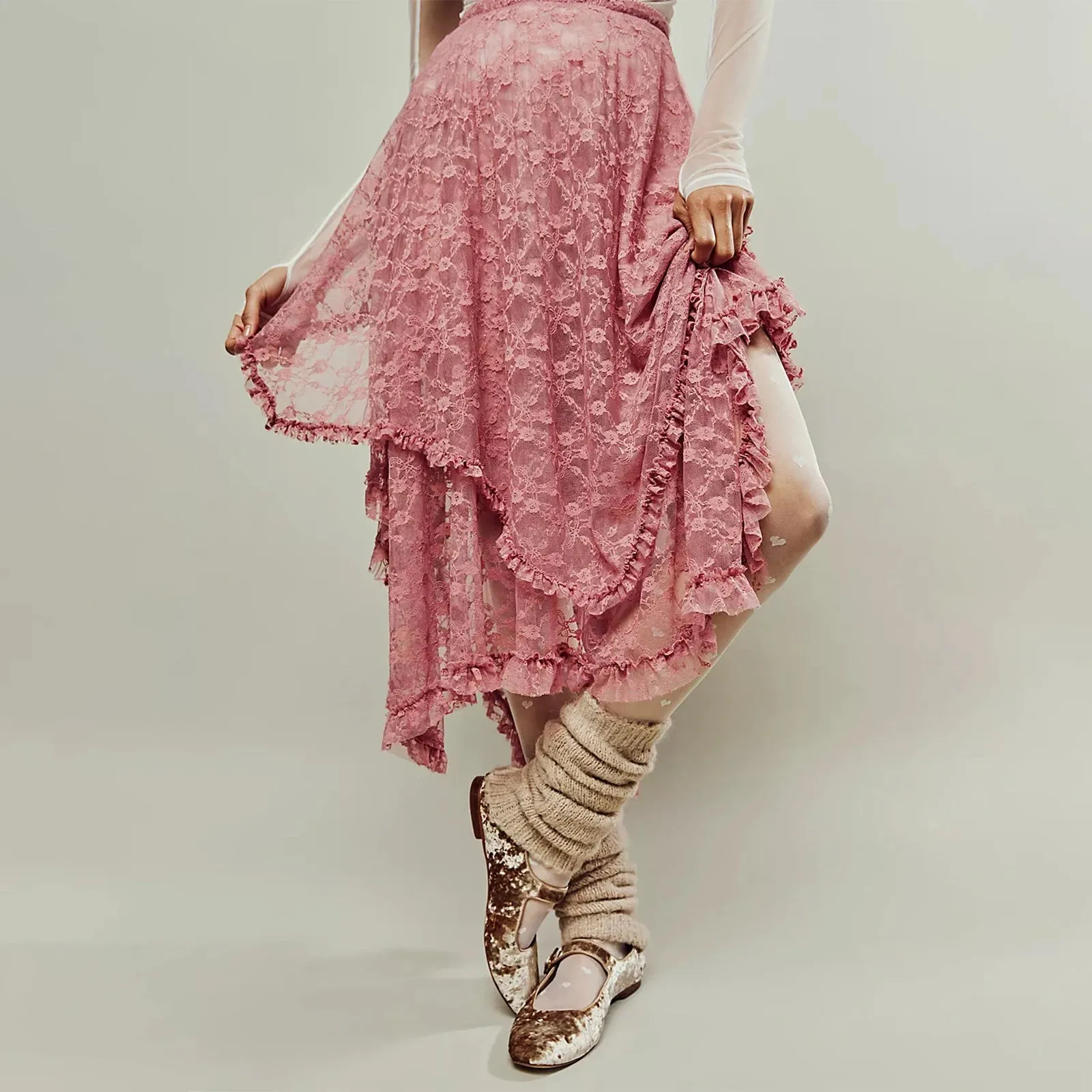 Girlary Women Lace Ruffle Courtship Half Slip Elastic Waist Asymmetrical Hemline Midi Skirts Semi Sheer Layered Maxi Skirts