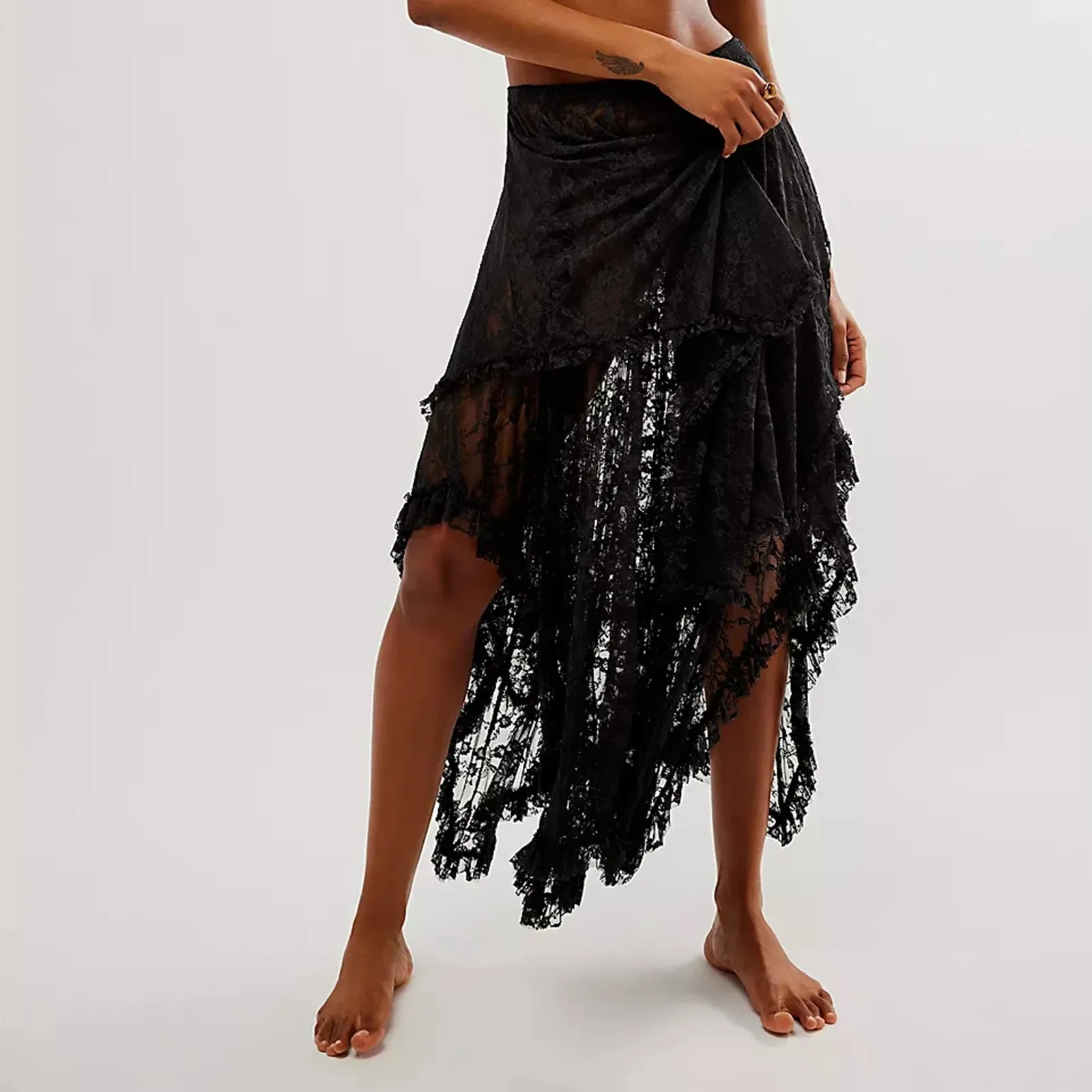 Girlary Women Lace Ruffle Courtship Half Slip Elastic Waist Asymmetrical Hemline Midi Skirts Semi Sheer Layered Maxi Skirts